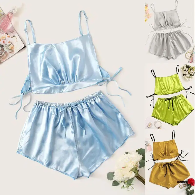 

Women Sexy Imitation Silk Lingerie Side Slit Bandage Camisole Shorts Nightwear