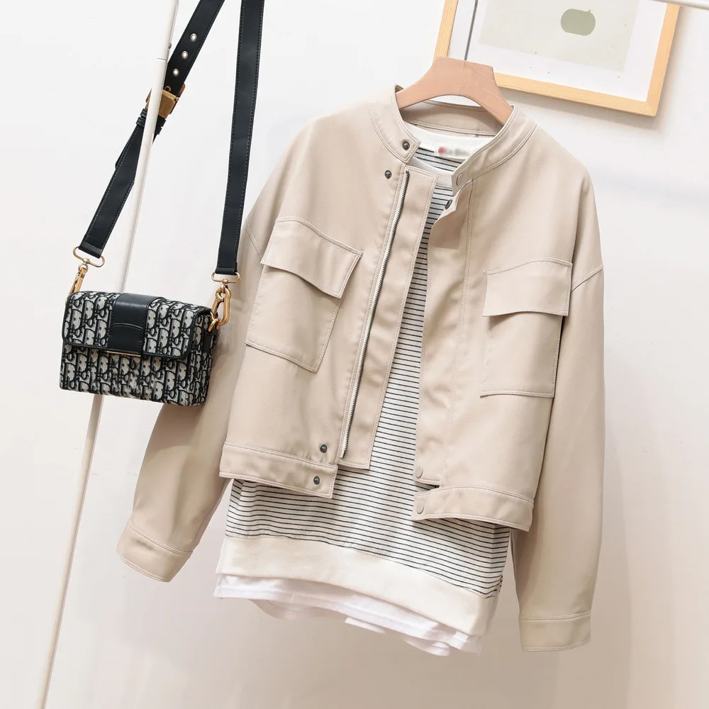 2023 autumn new stand-up collar short PU leather loose version of Haining leather jacket foreign style thin ladies tide coat