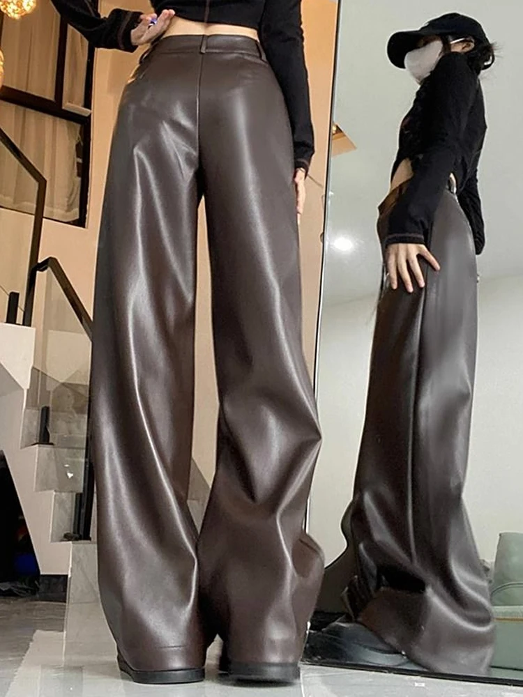 Оригинальные осенне-зимние прямые широкие брюки из искусственной кожи в