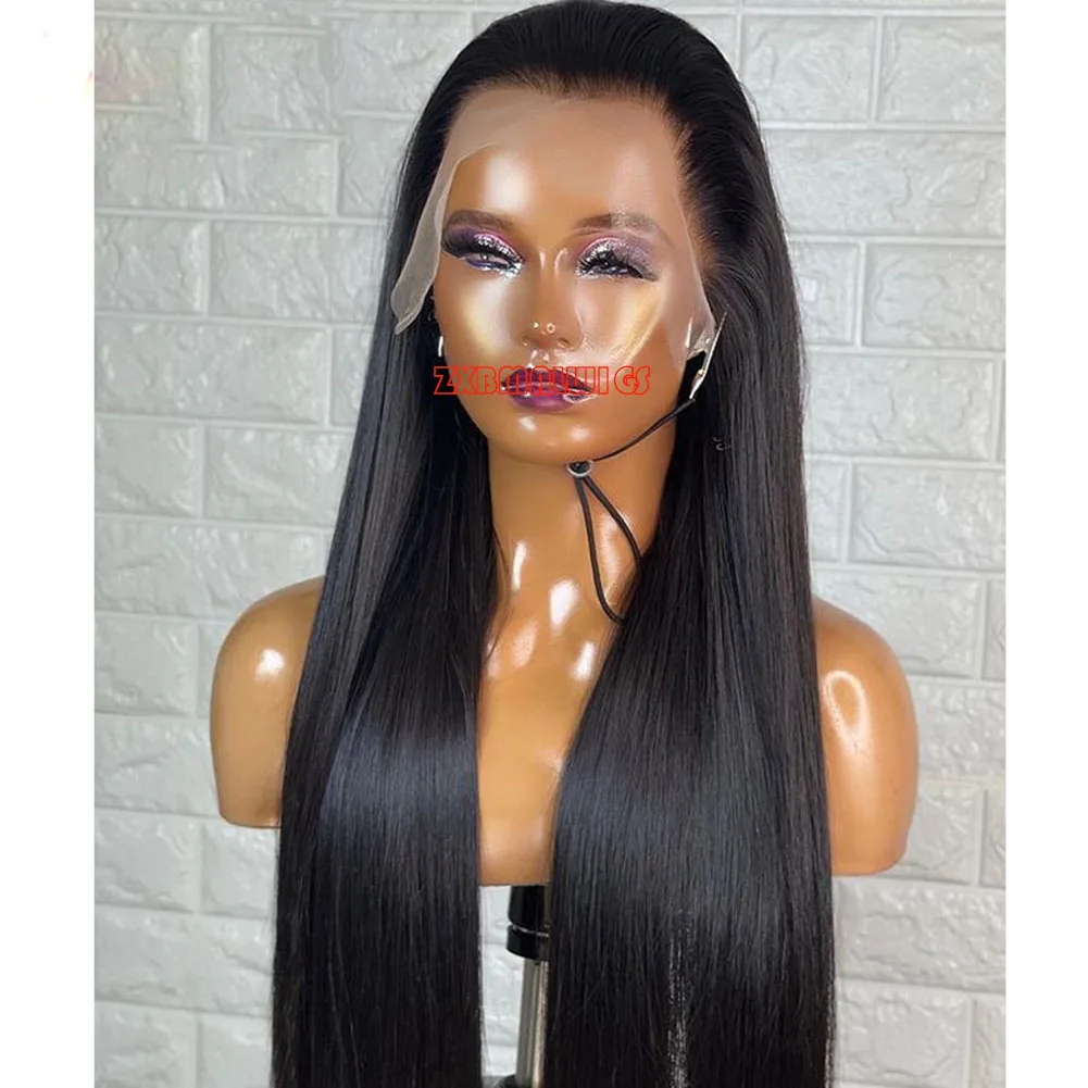 Long 32 Inch Black Color Silky Straight Glueless Free Part  Lace Wigs Synthetic Hair Fiber Wigs Glueless13x3 Lace Front Wig