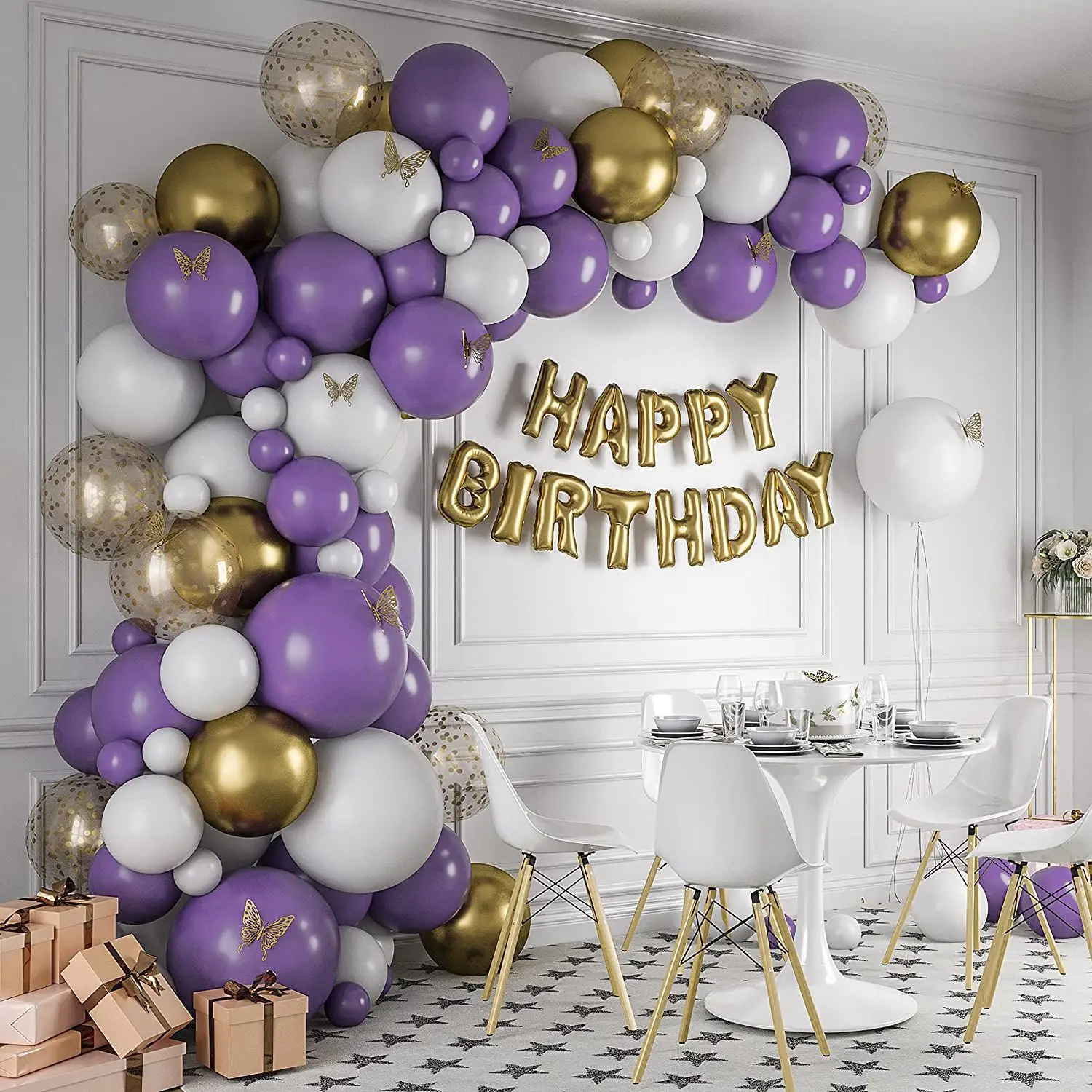 

CHEEREVEAL White Purple Balloon Garland Arch Kit Butterfly Theme Gold Confetti Foil Balloon Banner Girl Birthday Party Supplies