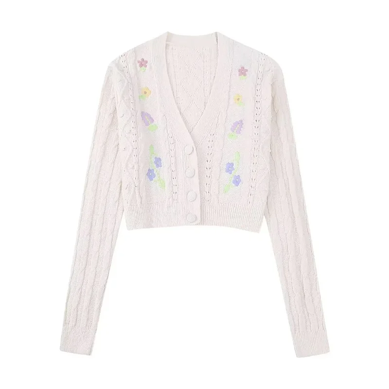 

TRAF Woman Floral Knit Cardigan 2023 Summer New Fairycore Style V-neck And Long Sleeves Front Button Closure Cropped Cardigan
