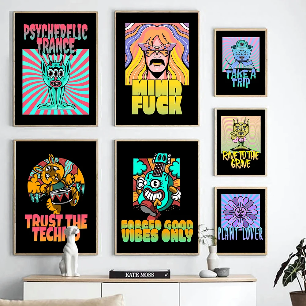 

Psychedelic Trance Plant Lover Canvas Painting Cactus Good Vibes Quote Poster and Print Modern Abstract Wall Art Pictures Decor