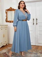 toleen plus size women elegant evening dress 2022 turkish coachella festival outfit blue long sleeves with belt floral clothing