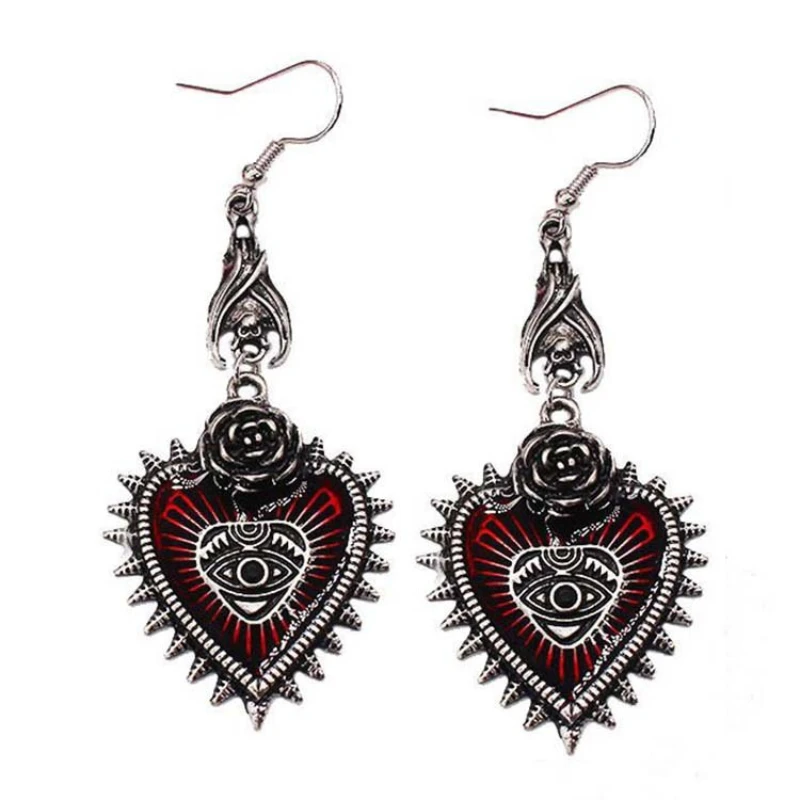 

2021 New Dark Gothic Punk Wind Wild Rose Heart-shaped Bloody Eye Dripping Bat Earrings