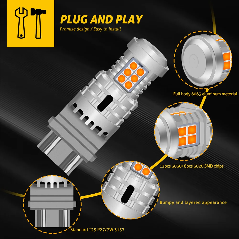 2 шт. T25 3157 P27/7W Светодиодная янтарная лампа Canbus без гипервспышки Автомобильный