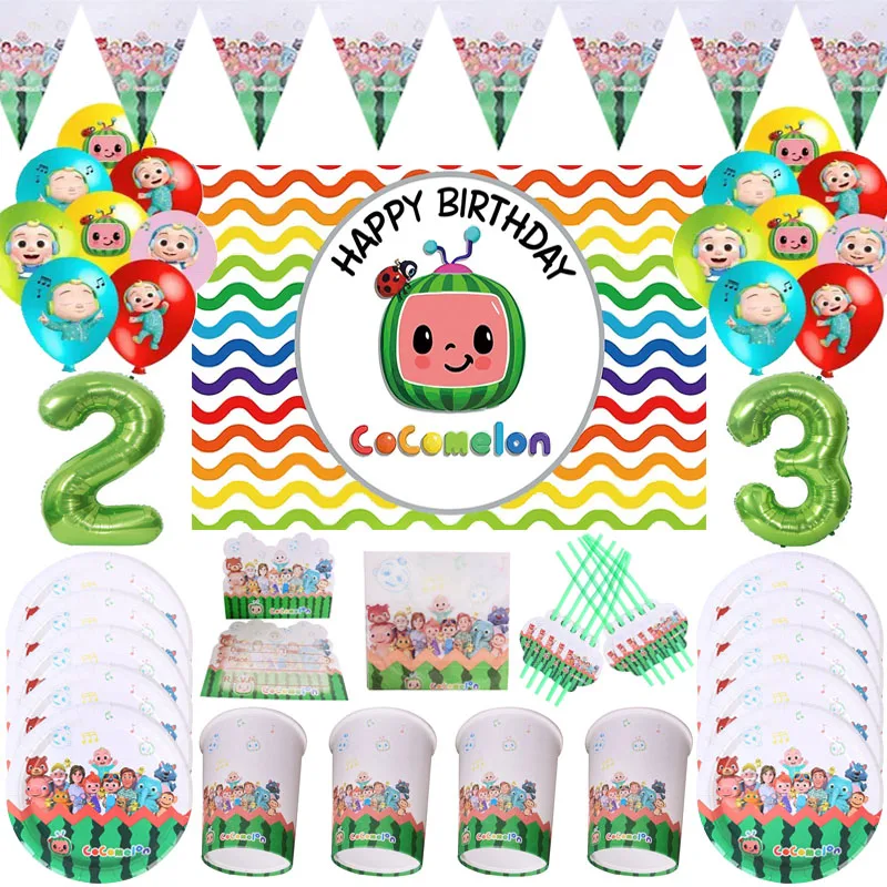 

Green Cocomelon Birthday Party Theme Kids Disposable Cup Napkins Plates Toppers Tableware Baby Shower Party Decorations Balloons