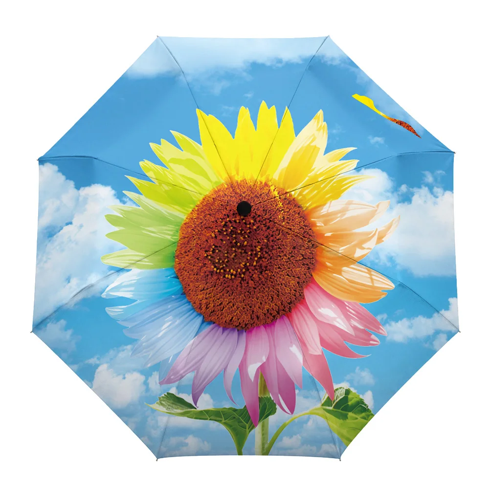 

Spring Sunflower Sky Rain Umbrella Folding Sun Umbrella Outdoor Sunscreen Anti-UV Parasol Female Male Umbrellas