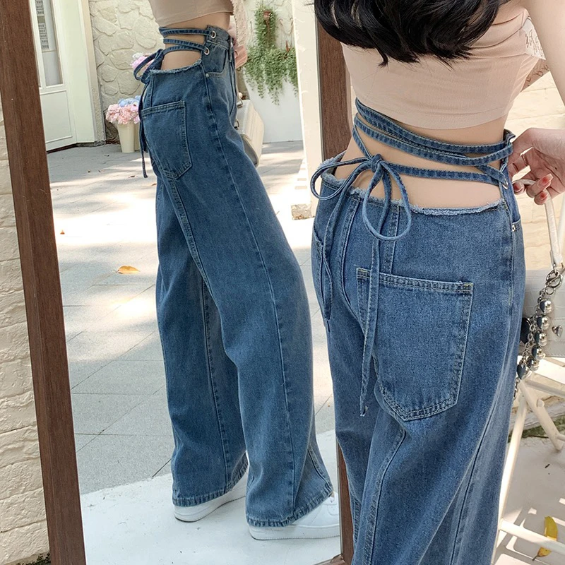 

Designer Chic Back Lace-Up Jeans Harajuku Fashion High Waist Wide Leg Baggy Denim Pants High Street Hot Pant Female Blue Trouser