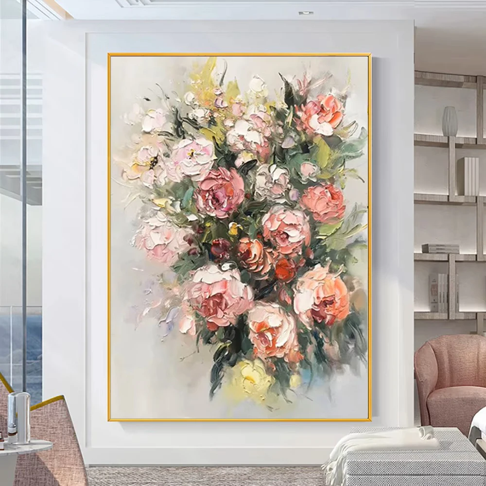 Ручная роспись Розовая роза Картина Толстый текстурированный цветок Искусство 3D