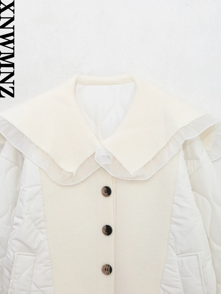 XNWMNZ Women Fashion Winter Warm Knitted Patch Padded Jacket Coat Woman Vintage Lapel Long Sleeve Pocket Female Chic Outerwear