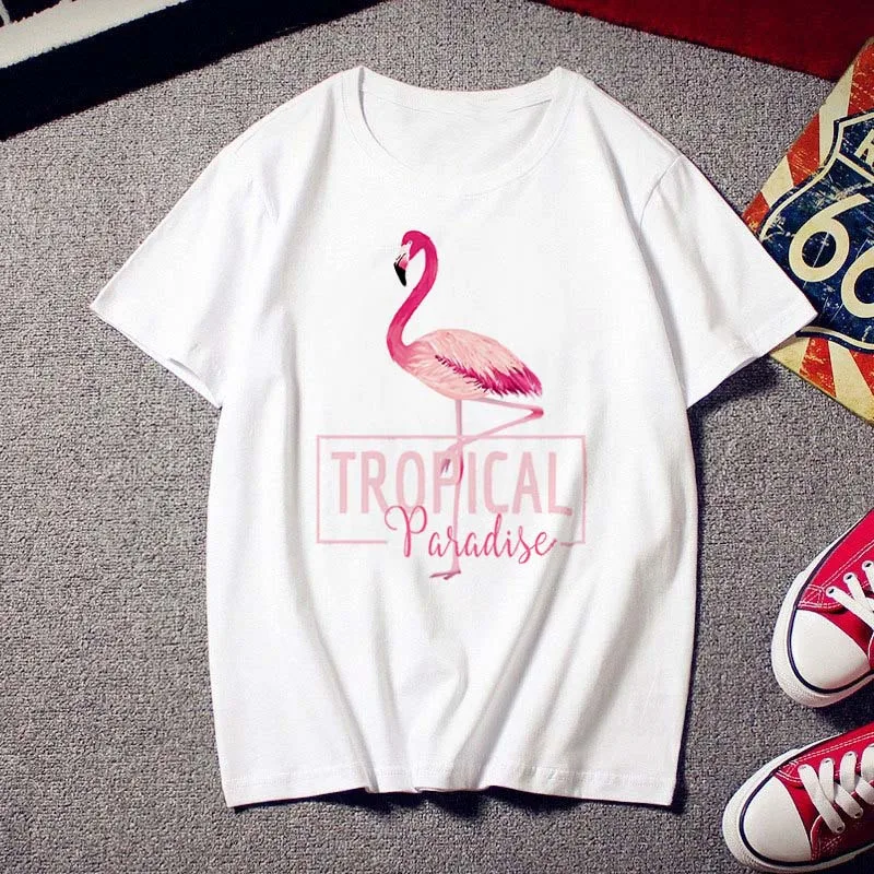 

Summer Woman T shirt Women Harajuku Printing Flamingo Casual Fashion Tshirt O-neck White Tops Female Cloth Short Sleeve T-shirts