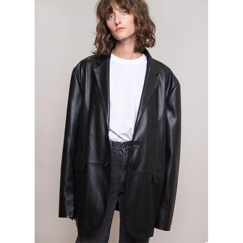 Cool Silhouette Lapel Button Faux Leather Blazer Women Fall Winter New Fashion Temperament Leather Jacket Khaki Pu Outwear