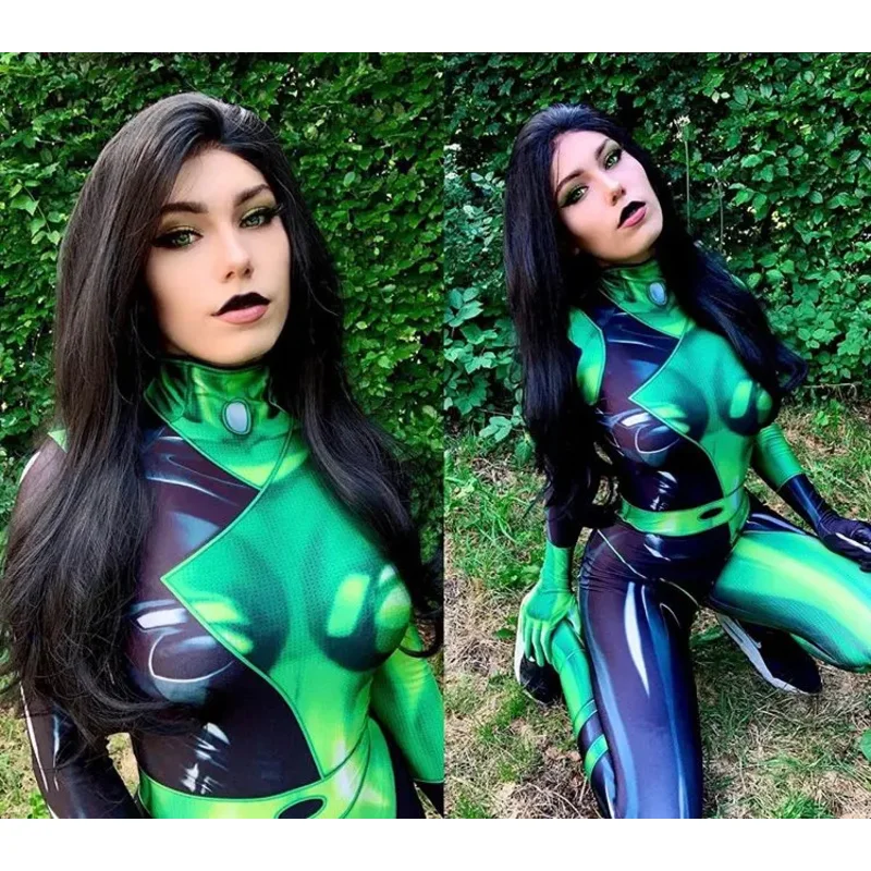 Хэллоуин супер злодей Shego боди Женский костюм зентай косплей костюмы