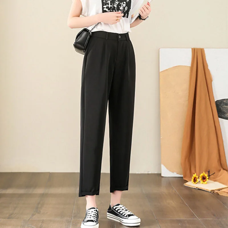 

Брюки женские прямые однотонные с завышенной талией, на весну-лето