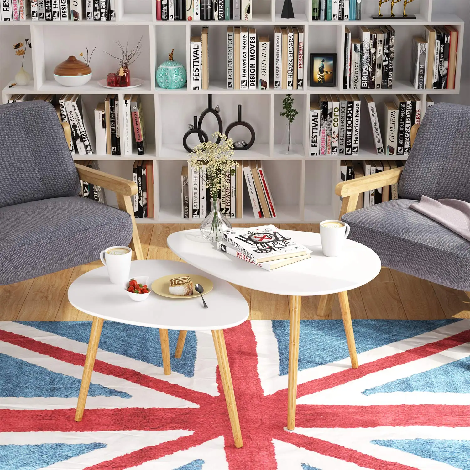 

Nesting Coffee Table Set of 2 Bamboo End Table - for Living Room Side Table Dining for Home and Office Indoor Decor Table White
