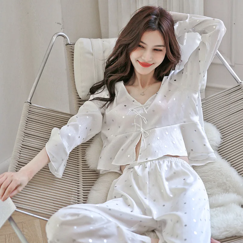 FALLINLAOE 2023 New Ice Silk Pajamas Women's Long Sleeved Simple Polka Dot Printed Home Clothes Pajamas Set