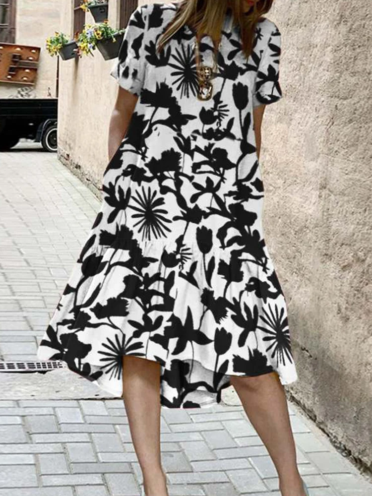 

Женское офисное свободное платье-трапеция с широким подолом, повседневное праздничное платье Бохо с принтом, модные платья с коротким рука...