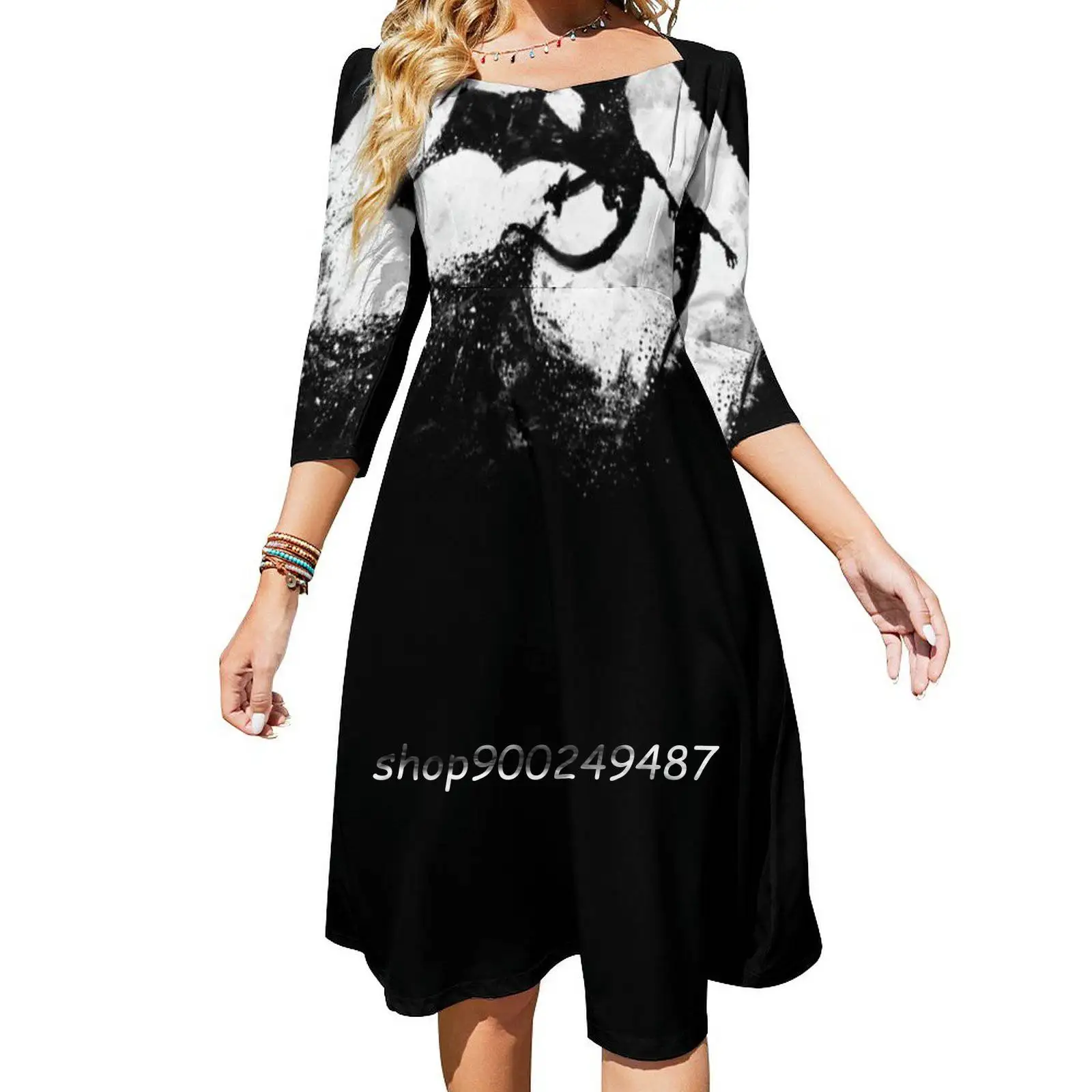 Midnight Desolation Long Sleeve Sexy Dresses For Women 2022 Ladies Vintage Elegant Party Dress Splatter Moon Dragon Fire Book
