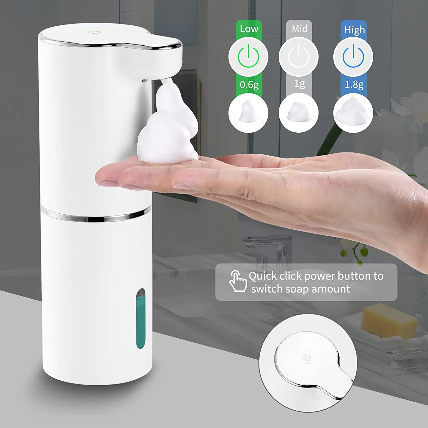 

Automatic Touchless Soap Dispenser with Adjustable Switches Infrared Motion Sensor, Suitable for Bathroom/Kitchen/Office/Hotel