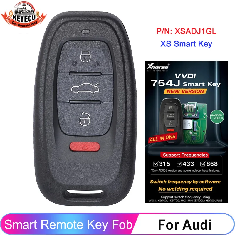 

KEYECU XHORSE XSADJ1GL VVDI P/N: 754J Smart Remote Control Car Key For Audi A6L Q5 A4L A8L Keyless Go Fob 315MHz 433MHz 868MHz