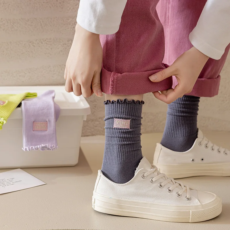 White Socks Women Kawaii Cute Frilly Ruffle Socks Cotton Japanese Fashion Purple Woman Crew Socks Female calcetines de la mujer