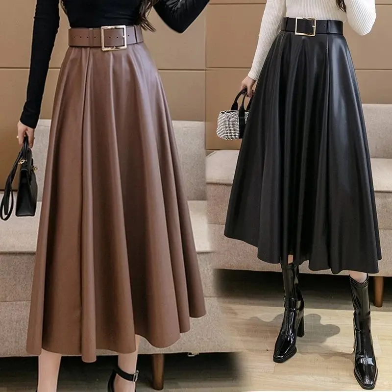 

Faux PU Leather Long Skirts with Belted 2023 New High Waist Umbrella Skirts A-line Skirt Office Ladies Female Autumn Winter X3