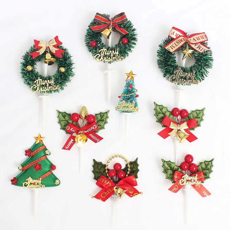 

Christmas Cake Decoration Pine Wreath Bell Gift Xmas Tree Deer insert Ornament Christmas tree cake decoration Accessories