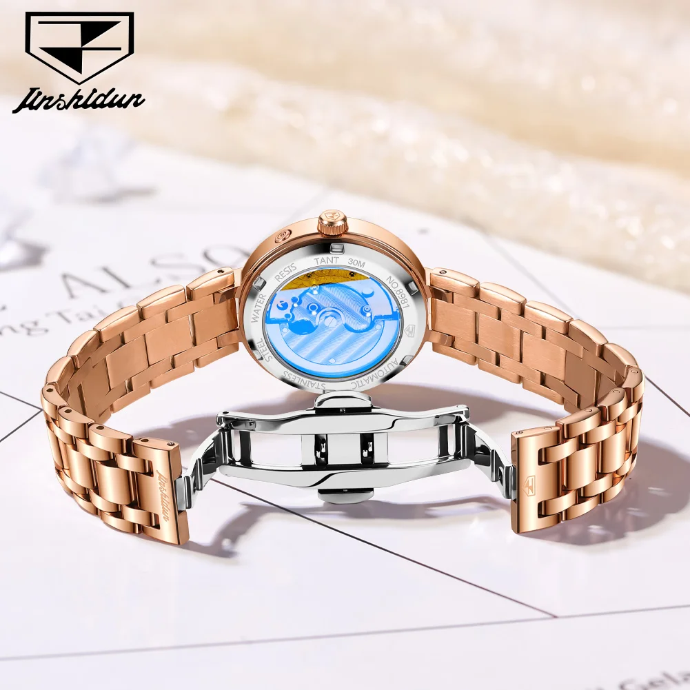Фото JSDUN 8981 Elegance Luxury Оригинальные автоматические часы для женщин, водонепроницаемые, из нержавеющей стали, простые женские механические наручные часы №3