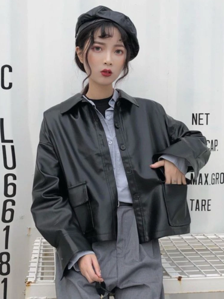 Куртки в стиле ретро женские черные из искусственной кожи весенние корейском