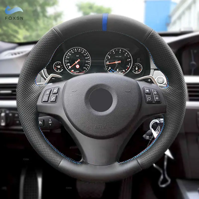 For BMW 1 3 Series E82 E87 E90 X1 E84 old 2011-2013 Car Steering Wheel Cover Trim Black Leather-red blue line with blue strip