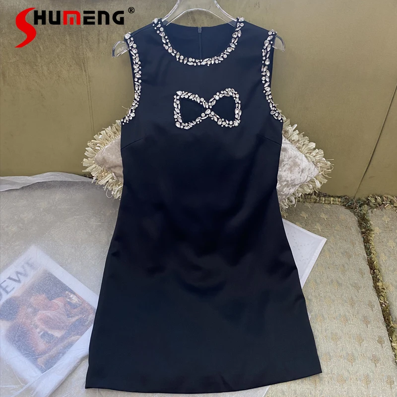 

New Exquisite Rhinestone Bow O-neck Above Knee Dress Women's 2022 Spring Summer Fashion Elegant Slim Fit Sleeveless Black Dress