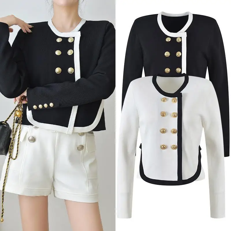 

Designers Tops Women Vintage Double Breasted Knitted Cardigan White Black Patchwork Kniwear Sweater Femme Brand Fashion New