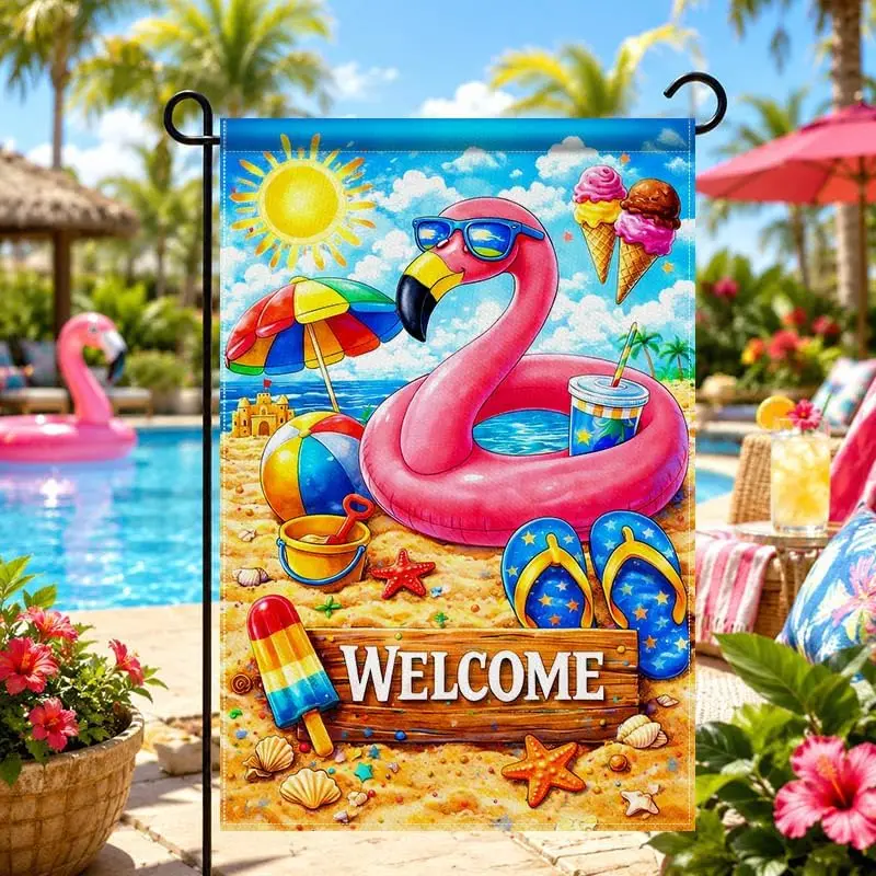 Фото Флаг для сада IVN Summer Garden Flag, 12 x 18 дюймов, розовый фламинго, двусторонний, декоративный, из мешковины, для бассейна, двора, пляжа, летнего отдыха №2