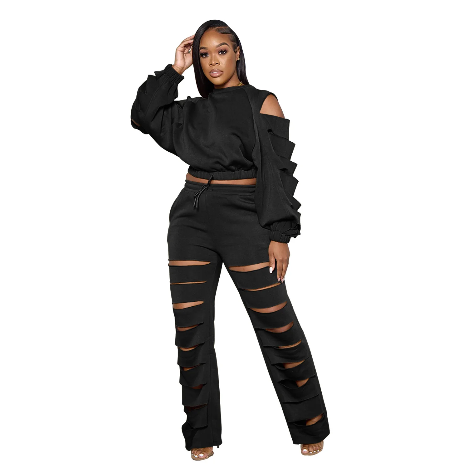 

Zoctuo Fashion Outfits Lady Female Clothing Trouser Suits Solid Lace Up Long Sleeve Tops And Pants Two 2 Piece Set Tracksuits