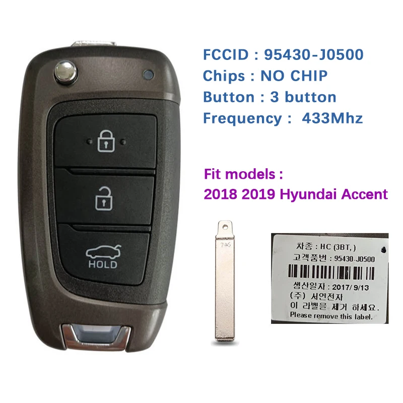 

CN020189 Original 3 Button Smart Remote Key For 2018 2019 Hyundai Accent 433MHz 95430-J0500 95430-H5500 95430-H5600 Universal