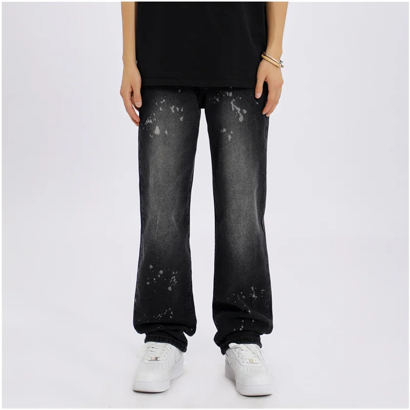 Streetwear Men New Pattern Vintage Recreational Brown Pants Straight Cylinder Comfortable Loose Splash Ink Jeans Autumn Female