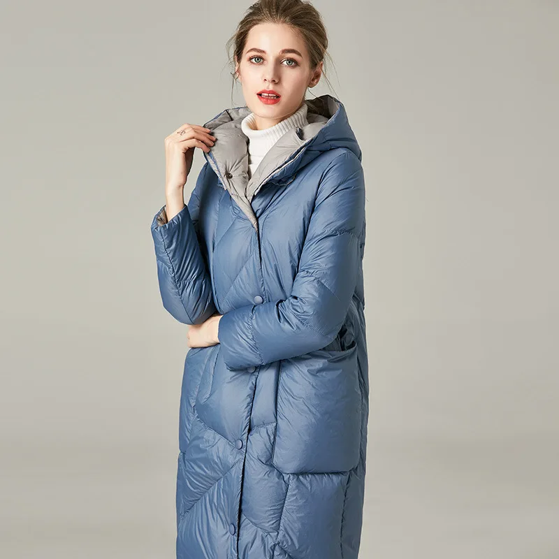 Autumn Winter 90% White Duck Down Long Women Coat Female Thick Warm Parkas Women Down Hooded Jacket Women's Loose Blue Coat