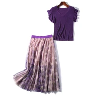 womens summer new high end temperament v neck short sleeve knit top elastic waist fashion screen printed skirt two piece set
