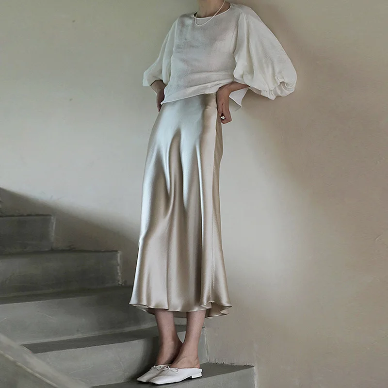 

2023 Elegant Women's Fashion Satin A-line Skirt Office Skirts Woman Long Summer High Waisted