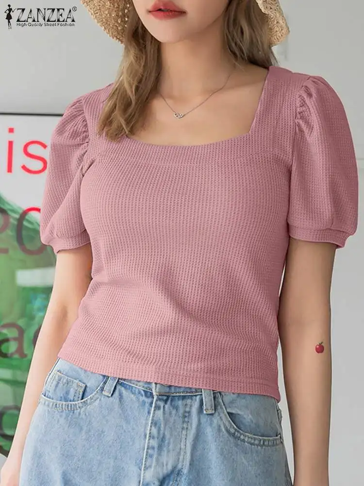 

Летняя Элегантная блузка с квадратным вырезом и коротким рукавом ZANZEA, модная Праздничная рубашка, повседневные однотонные праздвечерние ч...