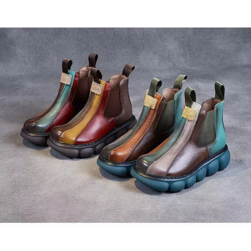 Original Design Women Leather Short Boots,Female Botas,Platform Shoes,Round Toe,British Style,Side Zip,GREEN,BROWN,Dropship images - 6