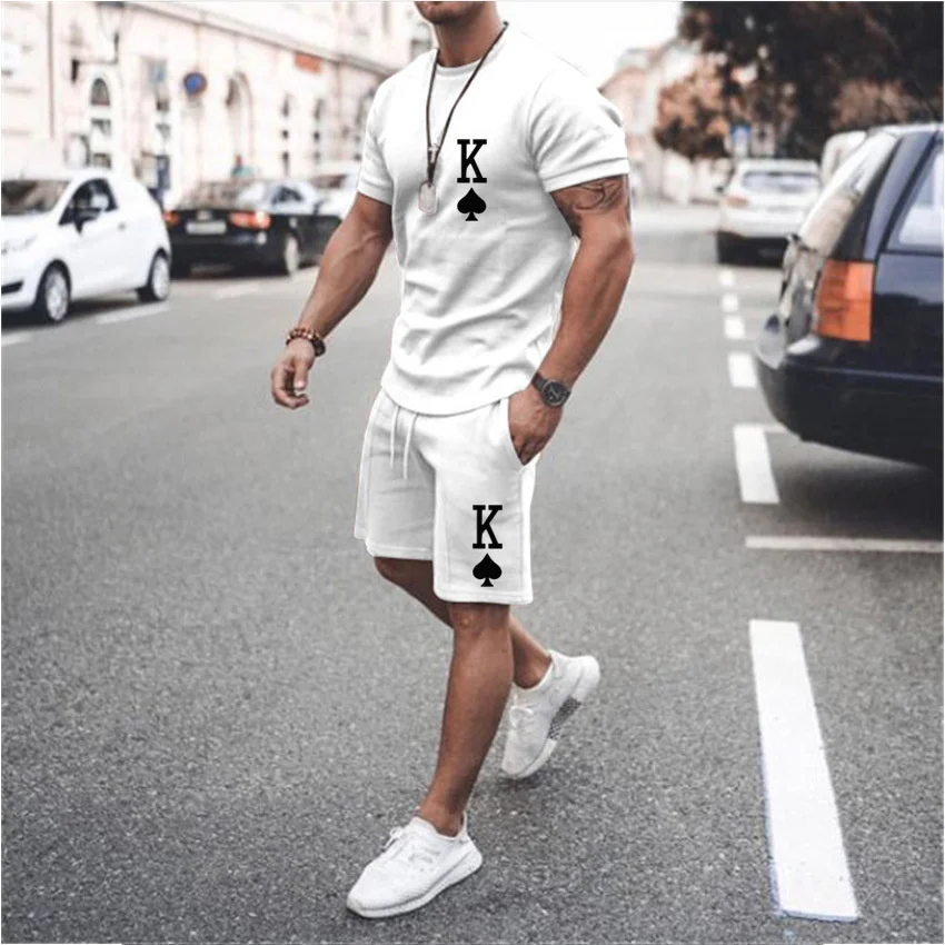 

Summer Men's Suit Short Sleeve T-Shirt Suit Print Poker K Pattern 3D Sportswear Casual Oversized Top Shorts Breathable Sportswea