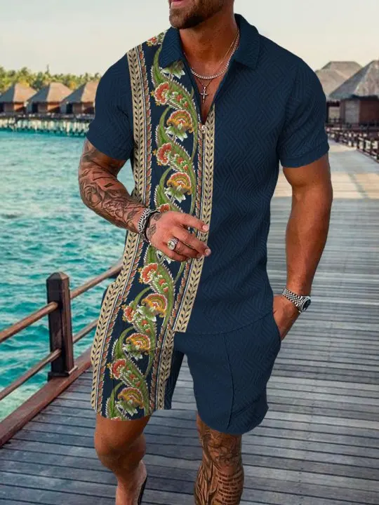 

Digital Print Men's Summer Two Piece Fashion Casual Polo Short Sleeve Shirt and Shorts Men's 2022 Trendy Streetwear