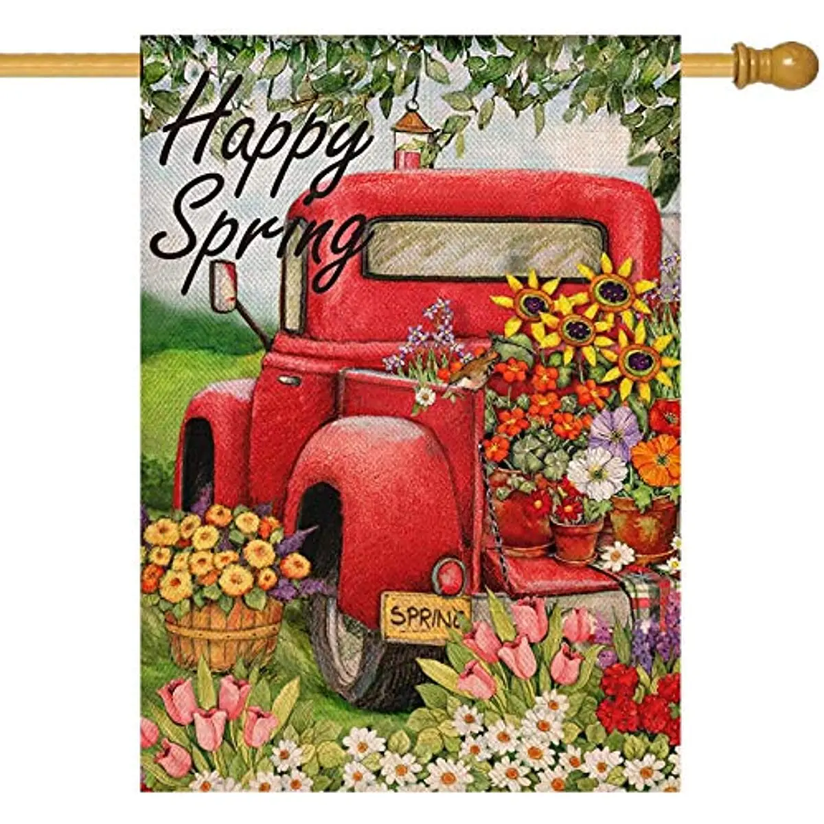 

New Happy Spring Vintage Red Truck House Flag, Pickup Home Yard Lawn Decorative Outdoor Large Flag, Daisy Tulip Flowers Outside