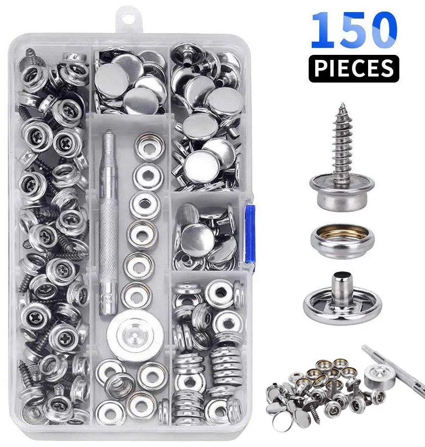 

50/150 Pieces Stainless Steel Marine Grade Canvas and Upholstery Boat Cover Snap Button Fastener Kit 15mm Screws Snaps with tool