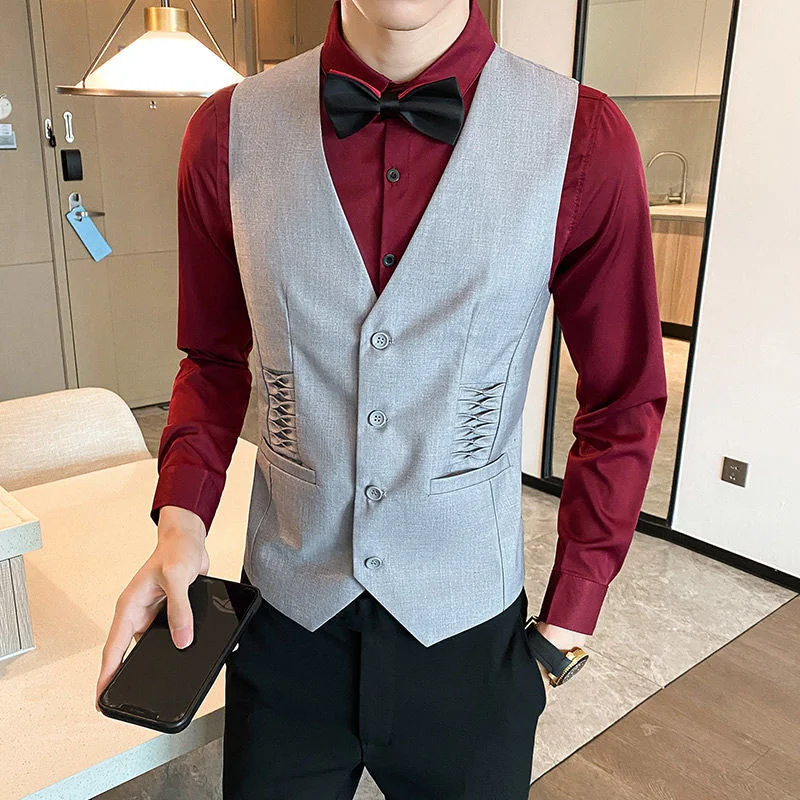 

Men's Pleated Vests Coat Deri Yelek Erkek Nightclub Bar Work Vests Formal Business Dress Wedding Vest Chaleco Hombre 5xl