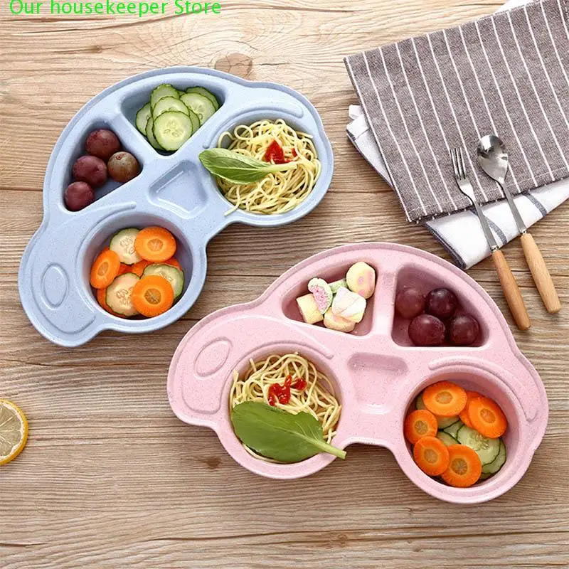

Portable Infant Bowl Children Plates Baby Feeding Dinnerware Cartoon Car Style Environmentally Friendly Wheat Straw