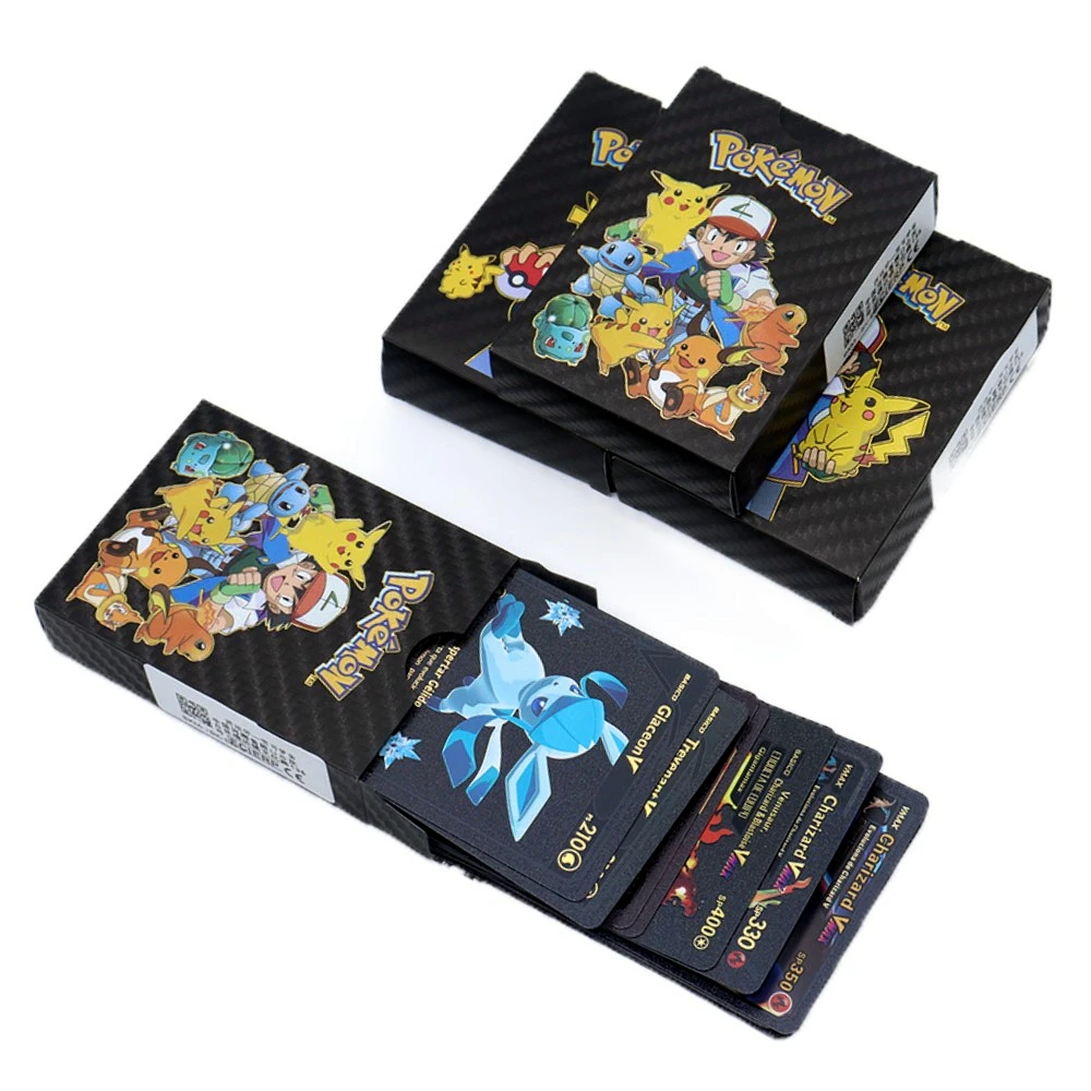 

11-55pcs Pokemon Metal Gold Card Box Silve Golden Spanish Black Playing Card Metalicas Charizard Vmax Gx Series Game Letter Case