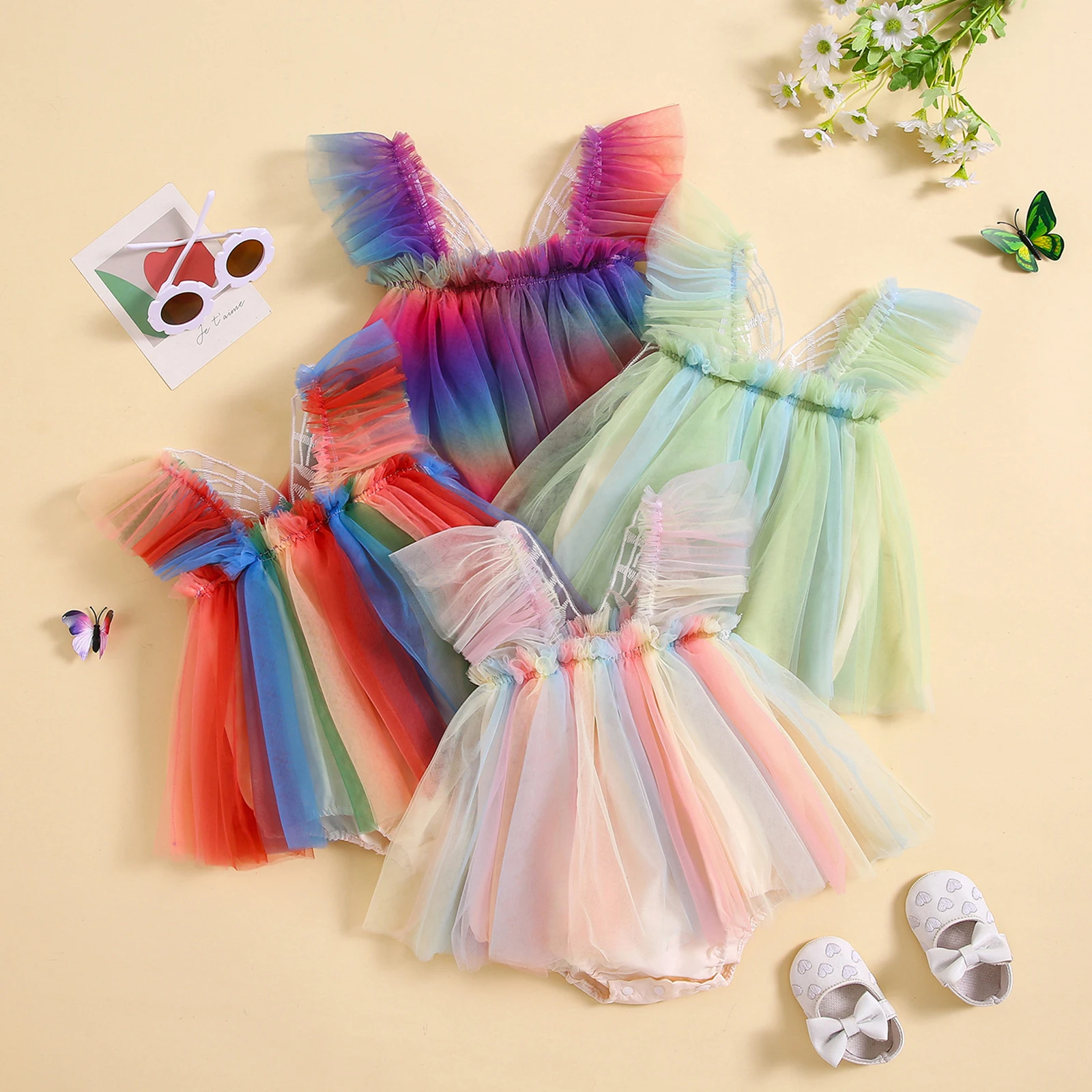 

3-24M Infant Baby Girls Rompers Dress Fly Sleeve Gradient Layered Tulle Tutu Princess Dress Hem Bowknot Newborn Bodysuits